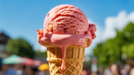 Melting scoop of strawberry ice cream in a waffle cone on a sunny day.