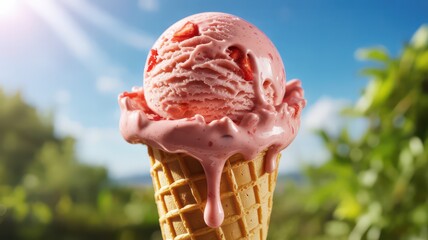 Melting scoop of strawberry ice cream in a waffle cone on a sunny day.