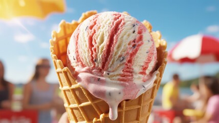 Melting scoop of strawberry ice cream in a waffle cone on a sunny day.