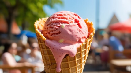 Melting scoop of strawberry ice cream in a waffle cone on a sunny day.