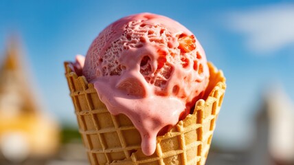 Melting scoop of strawberry ice cream in a waffle cone on a sunny day.