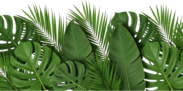 Lush green tropical leaves including monstera and palm fronds creating a vibrant botanical background on white.