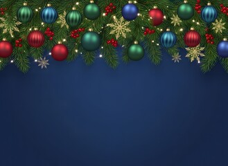 Elegant Christmas header with festive garland, colorful ornaments, lights, and golden snowflakes on a classic blue background.