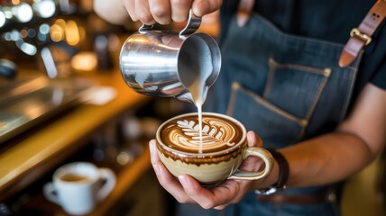 Professional barista crafting beautiful latte art in a coffee shop