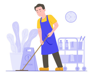 Janitor Man Cleaning Room with Mop for Cleaning Service Occupation Concept Illustration