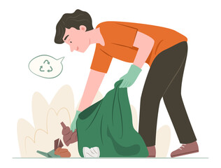 Young Man Picking Up the Bottle Waste into the Garbage Bag for Recycle and Waste Sorting Concept Illustration Clip Art