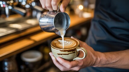 Professional barista crafting beautiful latte art in a coffee shop