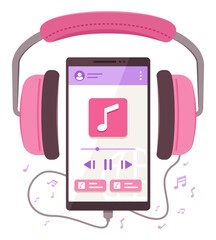 Headphones Connected with Smartphone for Playing Song on Mobile Streaming Application for Technology and Entertainment Concept Illustration