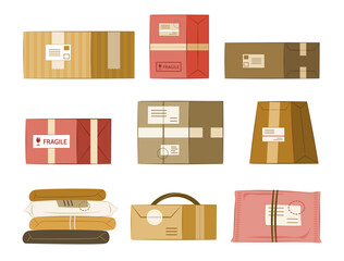 Set of Various Style Parcel Boxes for Postal Shipping and Logistic Concept Design Element Clip Art