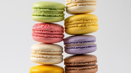 A playful tower of colorful assorted French macarons stacked against a clean white background.