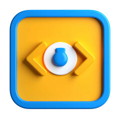 Blue-bordered square with coding symbol and central orb on a textured yellow backdrop