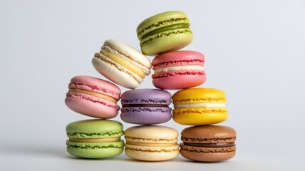 A playful tower of colorful assorted French macarons stacked against a clean white background.