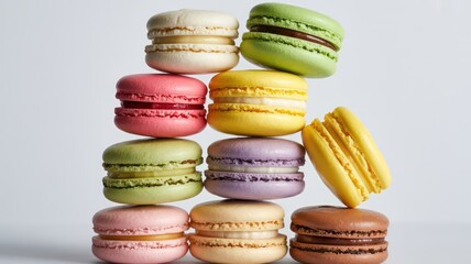 A playful tower of colorful assorted French macarons stacked against a clean white background.
