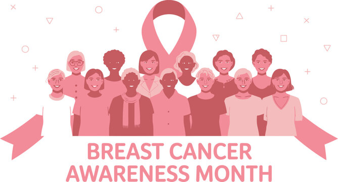 Diverse Women Support Breast Cancer Awareness Month with Pink Ribbon Illustration on White Background - Powered by Adobe