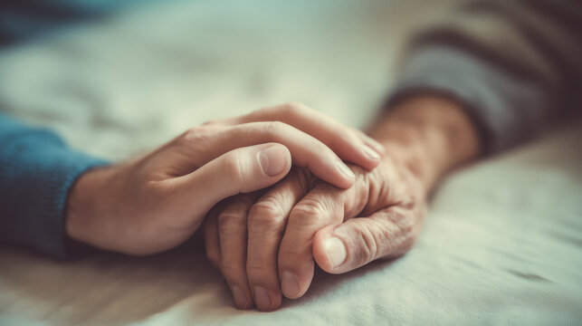 Close-up of a caregiver's or family member's hand gently holding an elderly person's hand on a bed, symbolizing hospice care, compassion, and emotional support.