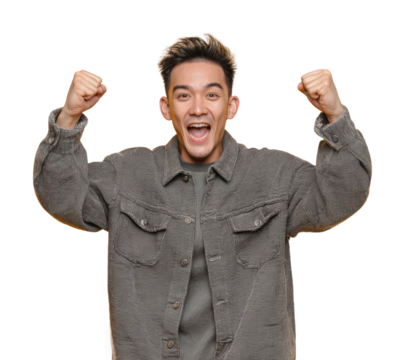 Exciting celebration moment emotional expression joy isolated on transparent background