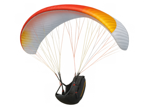 Colorful paraglider wing and harness flying against a transparent background representing freedom and extreme sport