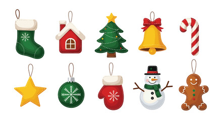 A charming collection of colorful stitched felt Christmas ornaments, featuring classic holiday symbols, isolated on a white background.