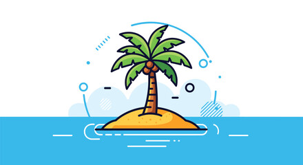 Fototapeta premium Simple cartoon illustration of a tropical island with a vibrant palm tree and coconuts, surrounded by clear blue water and abstract clouds.
