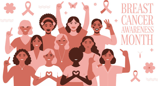 Illustrated Group of Women Supporting Breast Cancer Awareness Month with Ribbons and Pink Flowers