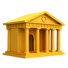 Golden structure with columns and peaked roof. Brown door visible. Rendered architectural model
