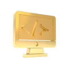 Golden computer monitor displaying code symbols on a black background
