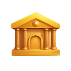 Golden, stylized building with columns and a triangular roof, set against a black background