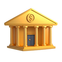 Golden, stylized building with columns, pediment, and dollar symbol on dark background