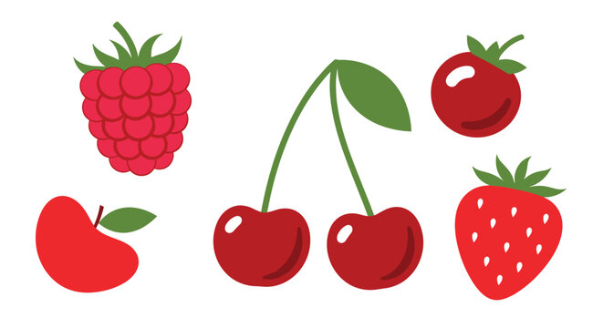 A vibrant collection of fresh, ripe raspberries, cherries, strawberries, and an apple, rendered in a simple, flat vector illustration style.