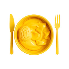 Overhead view stylized yellow plate of food with cutlery on black background