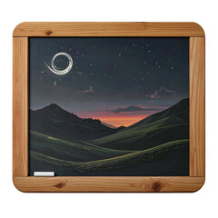 Painting of a night landscape with mountains, stars, and a unique celestial body