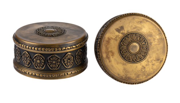 Ancient Vietnamese drum with floral designs duo composition isolated on transparent background
