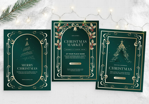 Classic Christmas Flyer, Poster & Invitation in Festive Green Gold Hues & Elegant Christmas Border