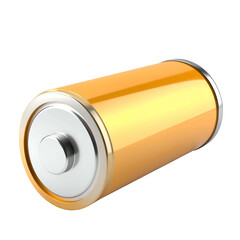 Shiny orange cylindrical battery with metallic silver and gold accents, set against black