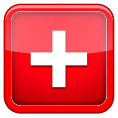 Shiny red square button with a white cross symbol, a medical and health concept
