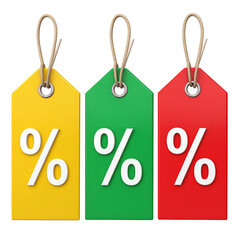 Three colorful price tags with percentage symbols, on black background