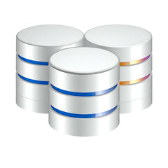Three cylindrical data storage units with blue and orange accents against a black background