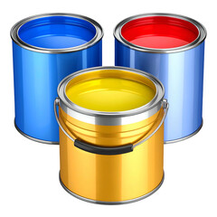 Three open metal containers of vibrantly colored paint, arranged on a dark background