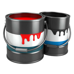 Two metal paint cans, one red, one black, with drips. White and blue bands