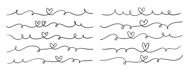 hand drawn line heart doodle style border. Heartbeat or love line concept drawing.