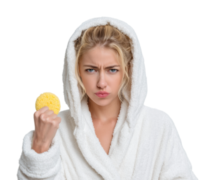 Frustrated woman in bathrobe holding a cookie lifestyle portrait isolated on transparent background