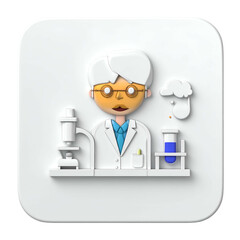 White 3D icon of a scientist with equipment, set on a rounded-square