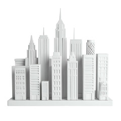 White 3D rendering of a stylized urban skyline with varied skyscraper architecture