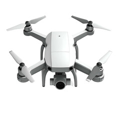 White aerial device with rotors and camera, hovering. Black background. Top-down perspective