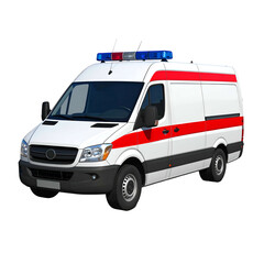 White ambulance van with red and blue flashing lights, isolated on black