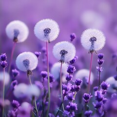 Fototapeta premium White Dandelion in Purple Flower Field Soft Light high resolution for isolate image