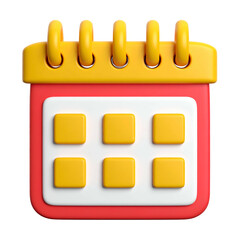 3D cartoon illustration of a red and yellow calendar, isolated on a black background