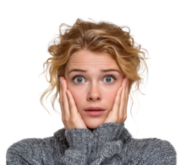 Surprised woman covering face portrait isolated on transparent background