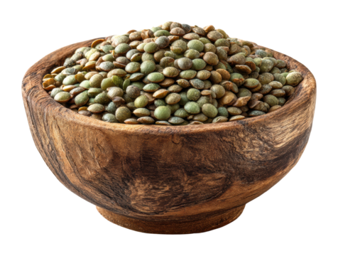 Harvesting green lentils in wooden bowl food isolated on transparent background