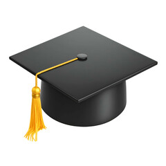 3D Rendered black graduation cap with gold tassel on a transparent background